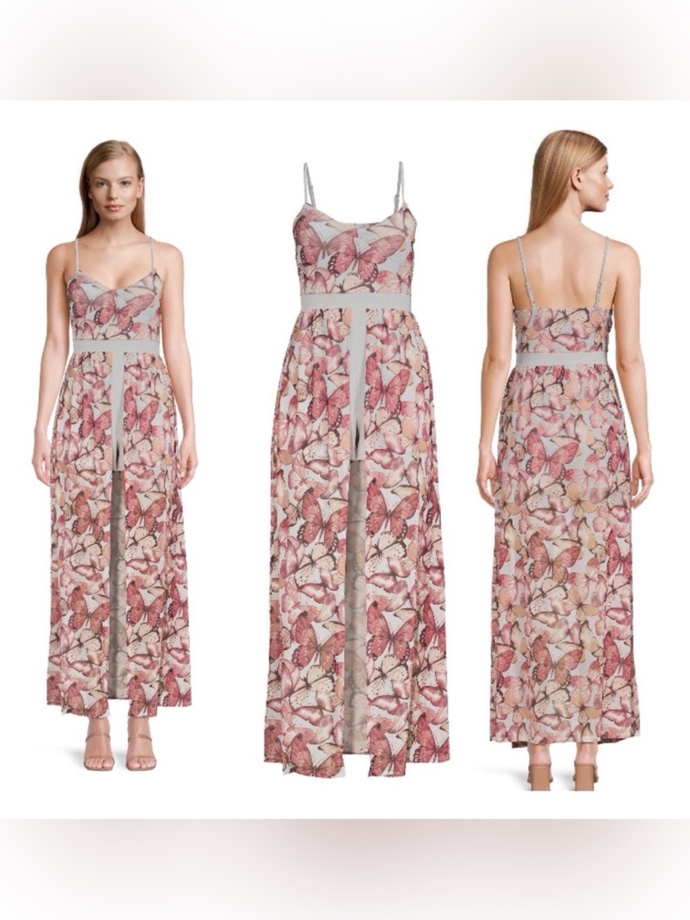 No Boundaries Pink Butterfly Print Spaghetti-Strap Maxi Romper Dress